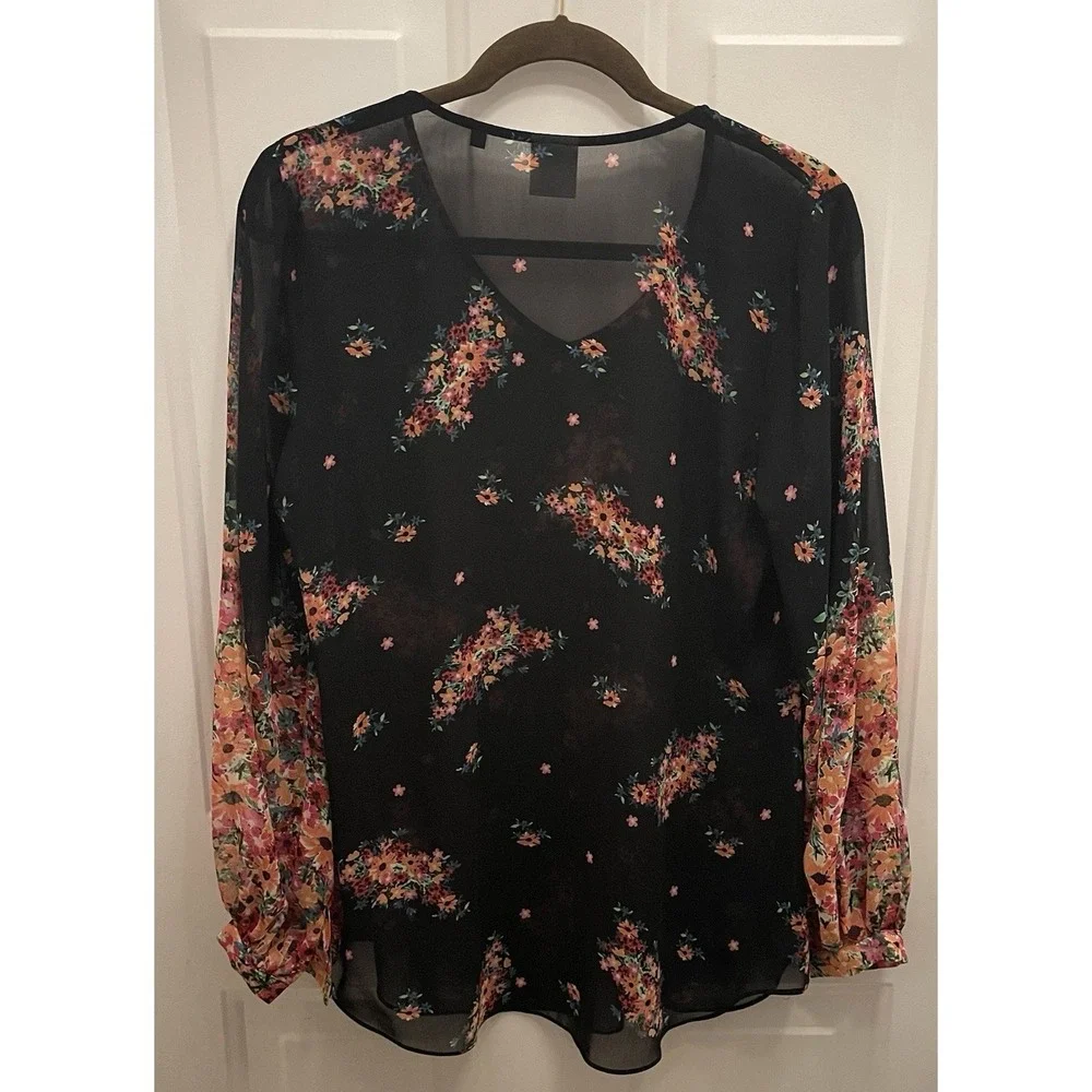 Cabi Black Sheer‎ Floral Blooming Blouse Sheer Balloon Long Sleeve V Neck Size M - Picture 7 of 8